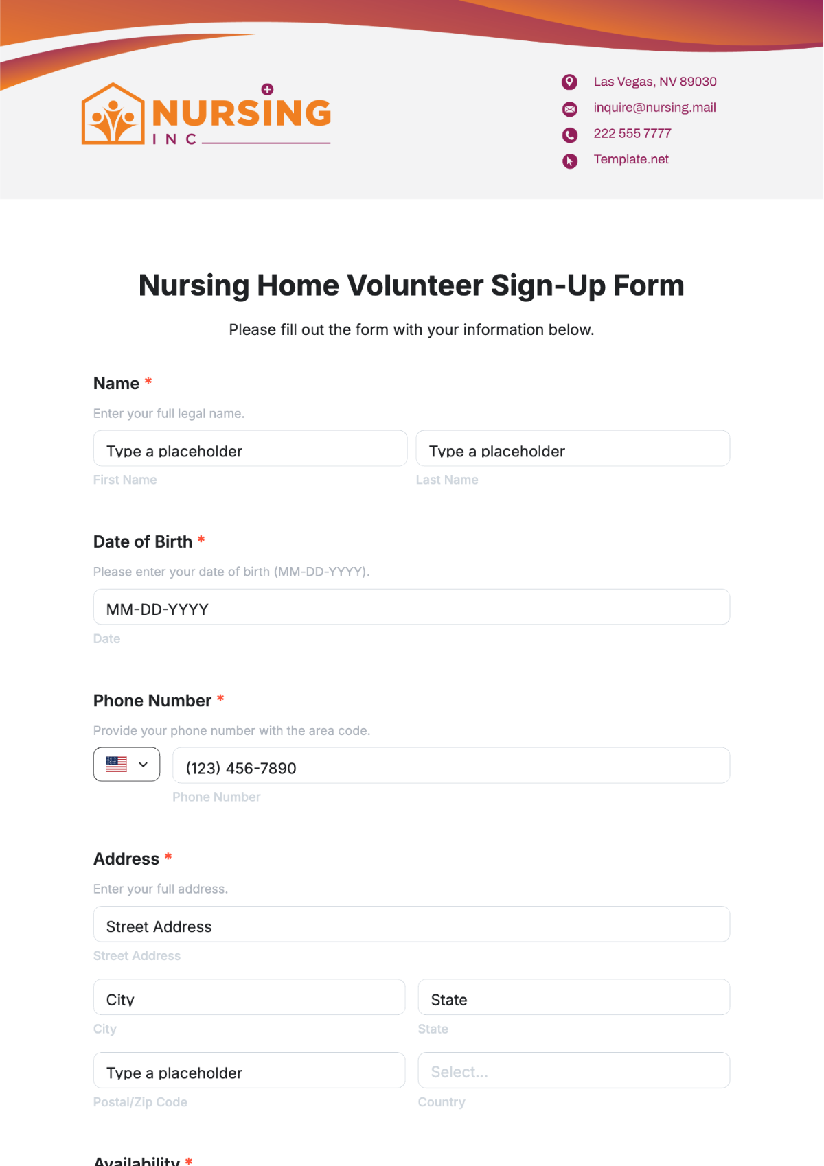 Free Nursing Home Volunteer Sign-Up Form Template