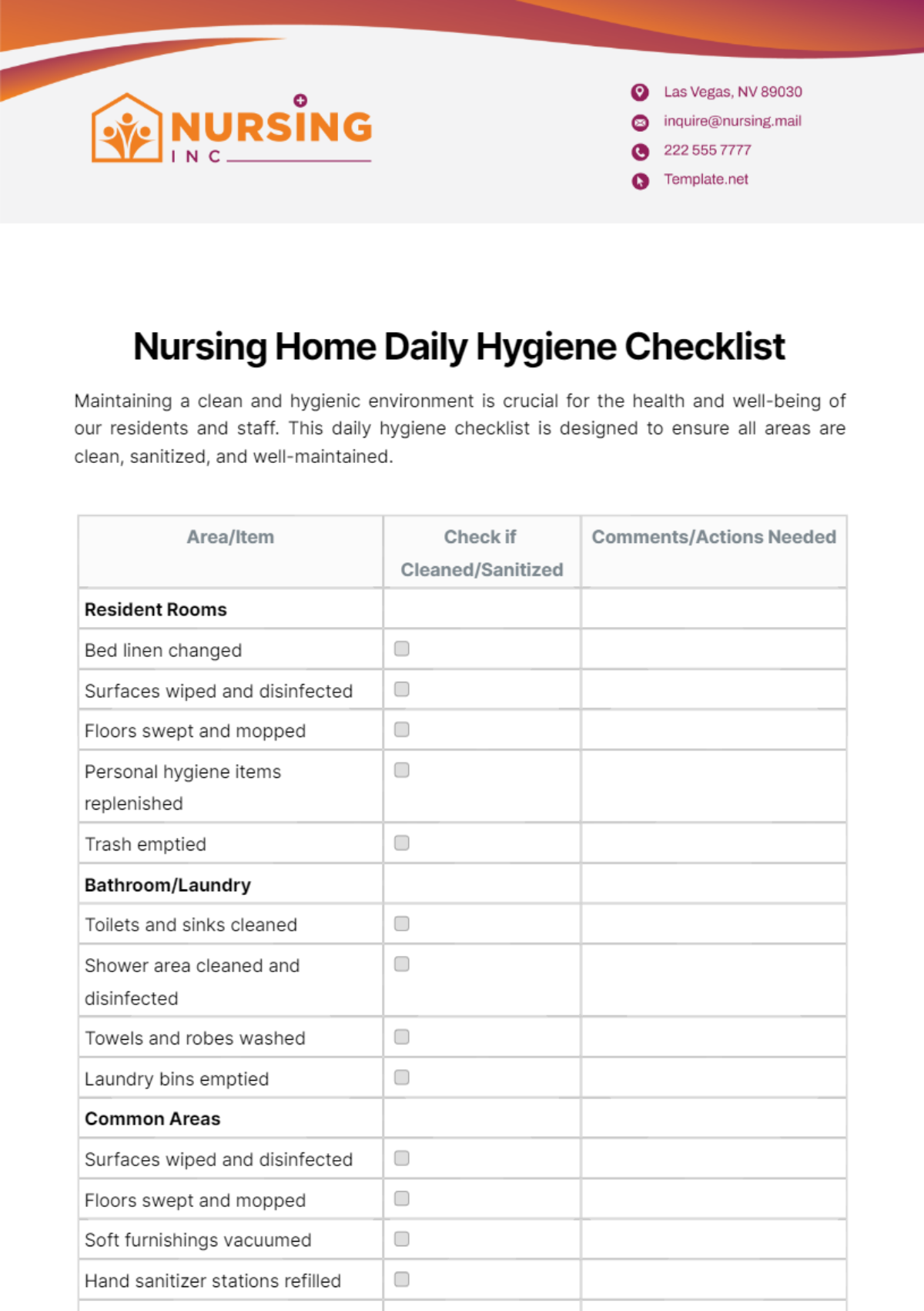 Nursing Home Daily Hygiene Checklist Template