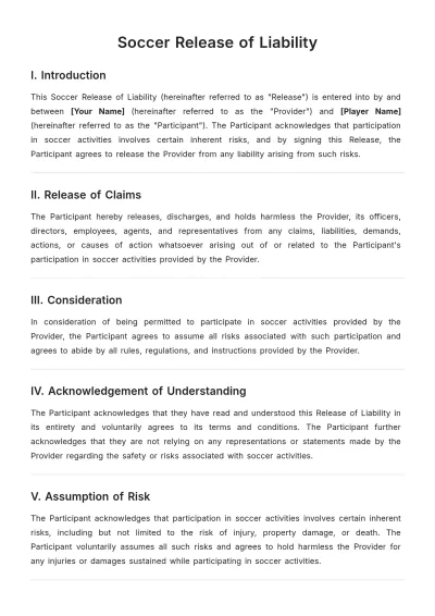 Free Soccer Release of Liability Template to Edit Online
