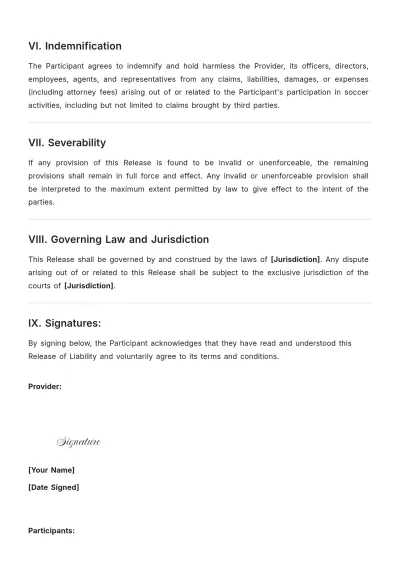 Free Soccer Release of Liability Template to Edit Online