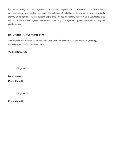 Free Basketball Release of Liability Template to Edit Online
