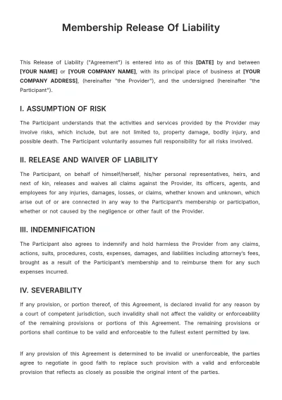 Free Membership Release of Liability Template to Edit Online