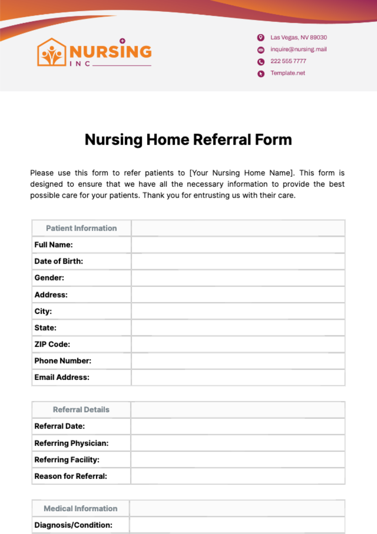 Nursing Home Referral Form Template
