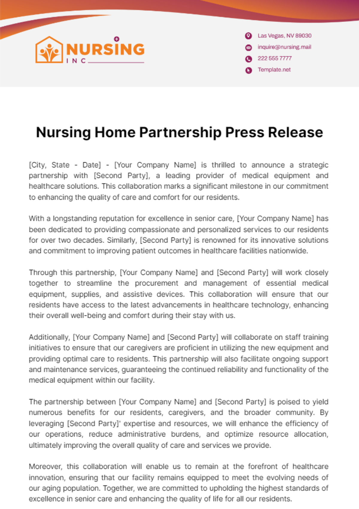Free Nursing Home Partnership Press Release Template