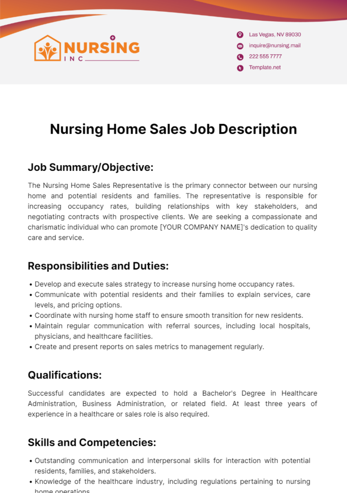 Free Nursing Home Sales Job Description Template