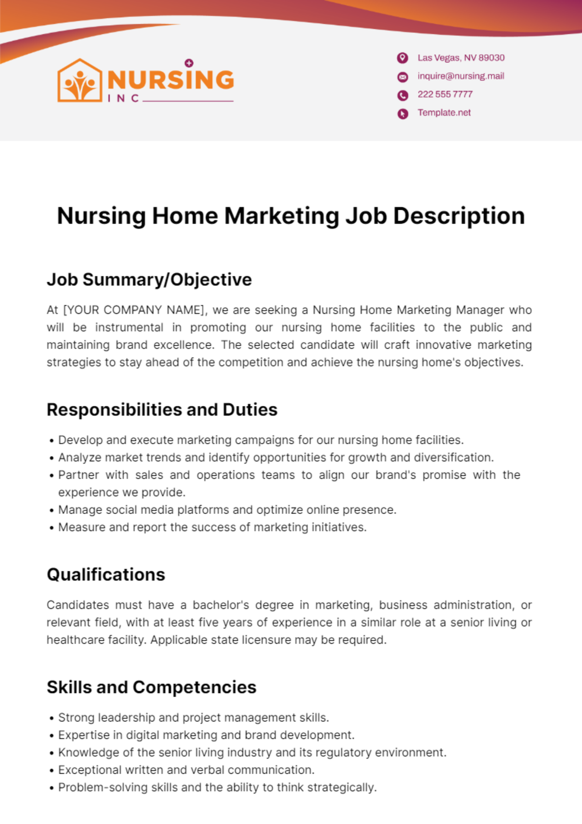 Nursing Home Marketing Job Description Template