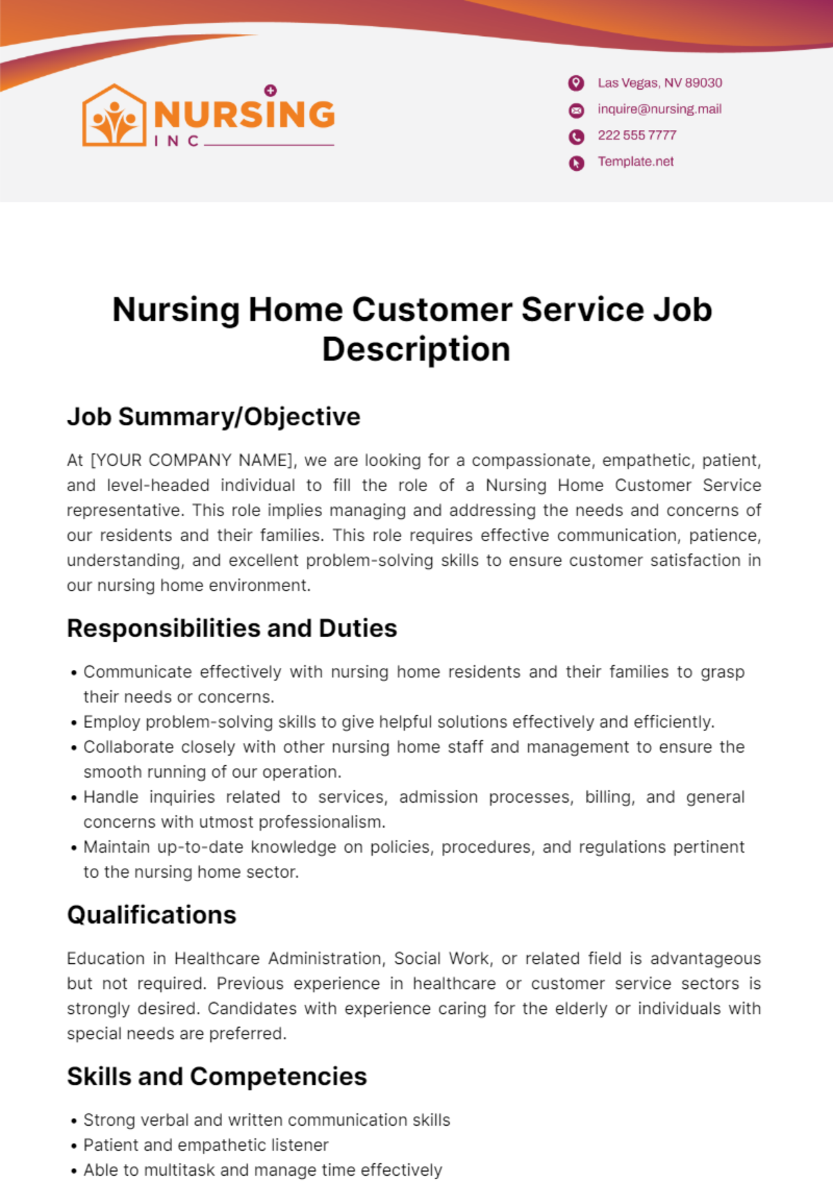 Nursing Home Customer Service Job Description Template