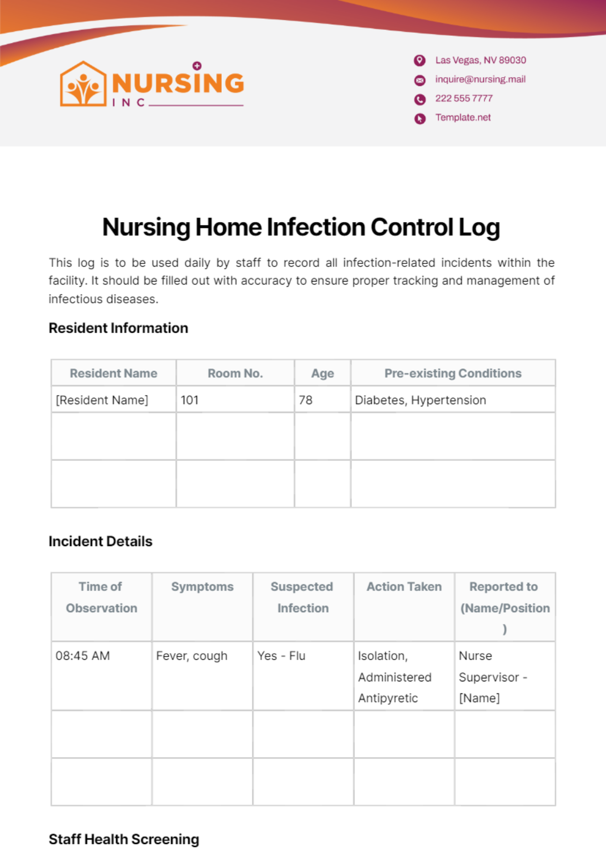 Nursing Home Infection Control Log Template