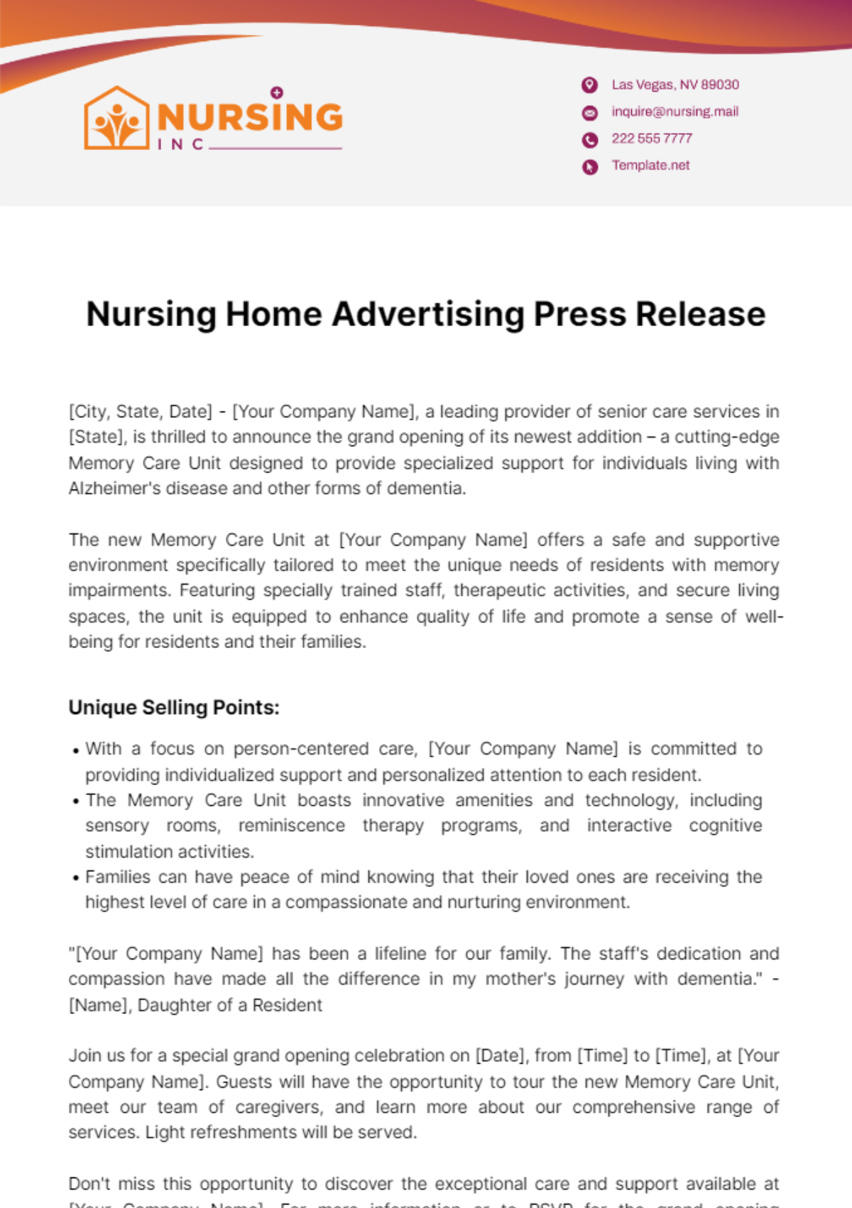 Free Nursing Home Advertising Press Release Template