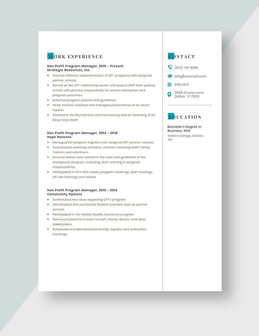 Non Profit Program Manager Resume Download In Word Apple Pages 