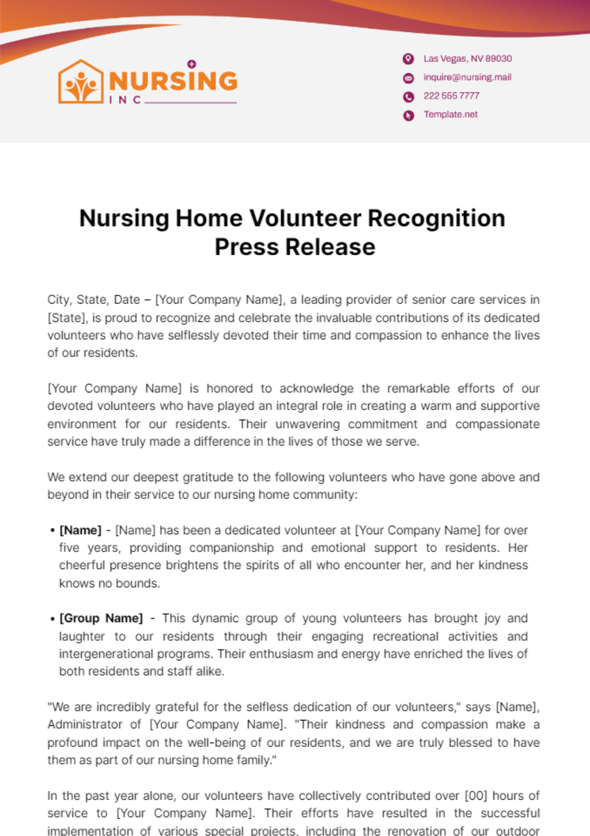 Free Nursing Home Volunteer Recognition Press Release Template