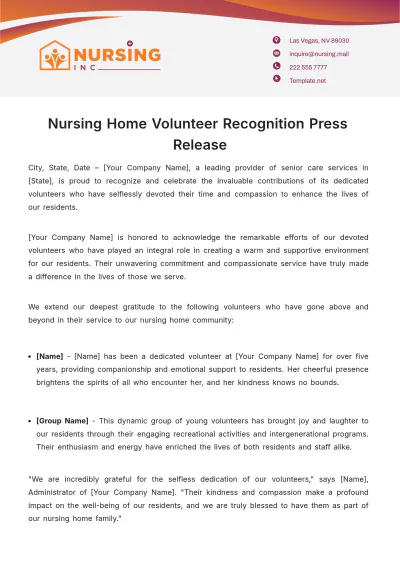 Free Nursing Home Volunteer Recognition Press Release Template to Edit Online