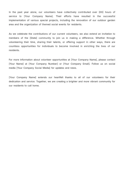 Free Nursing Home Volunteer Recognition Press Release Template to Edit Online