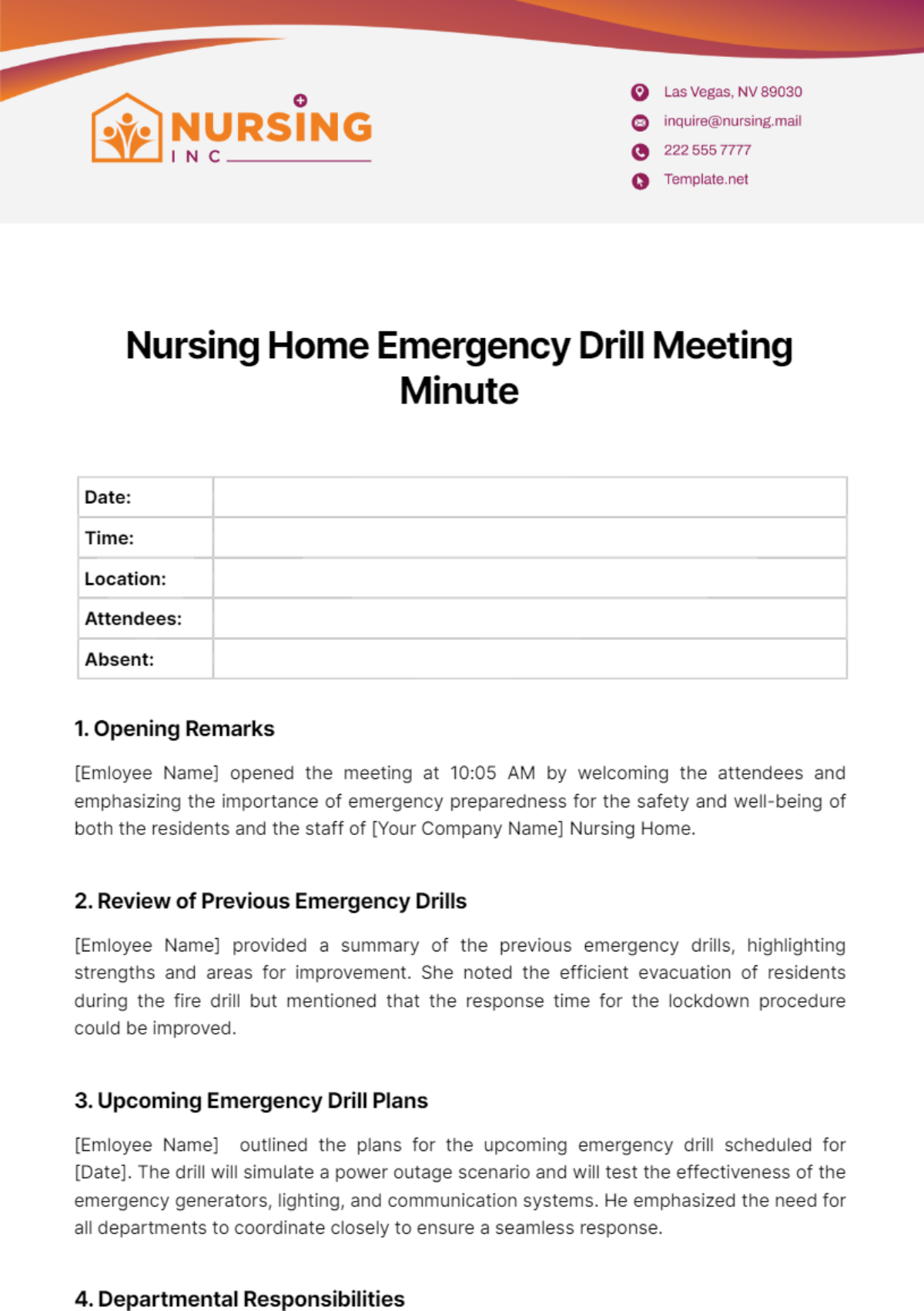 Nursing Home Emergency Drill Meeting Minute Template