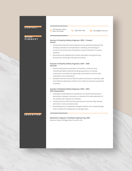Nuclear Criticality Safety Engineer Resume Template