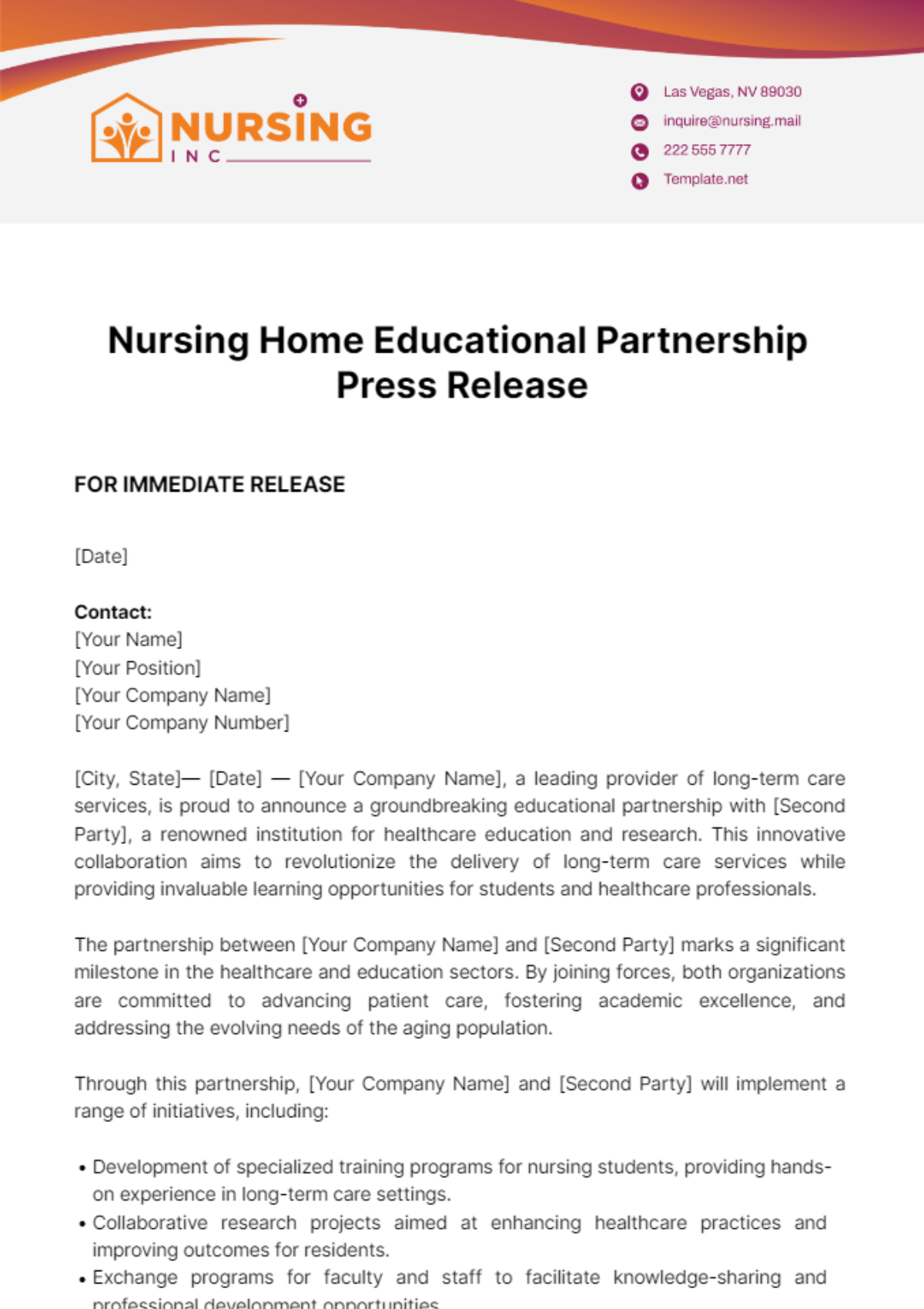 Free Nursing Home Educational Partnership Press Release Template