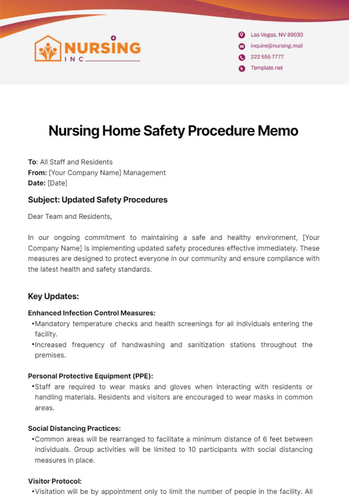 Nursing Home Safety Procedure Memo Template