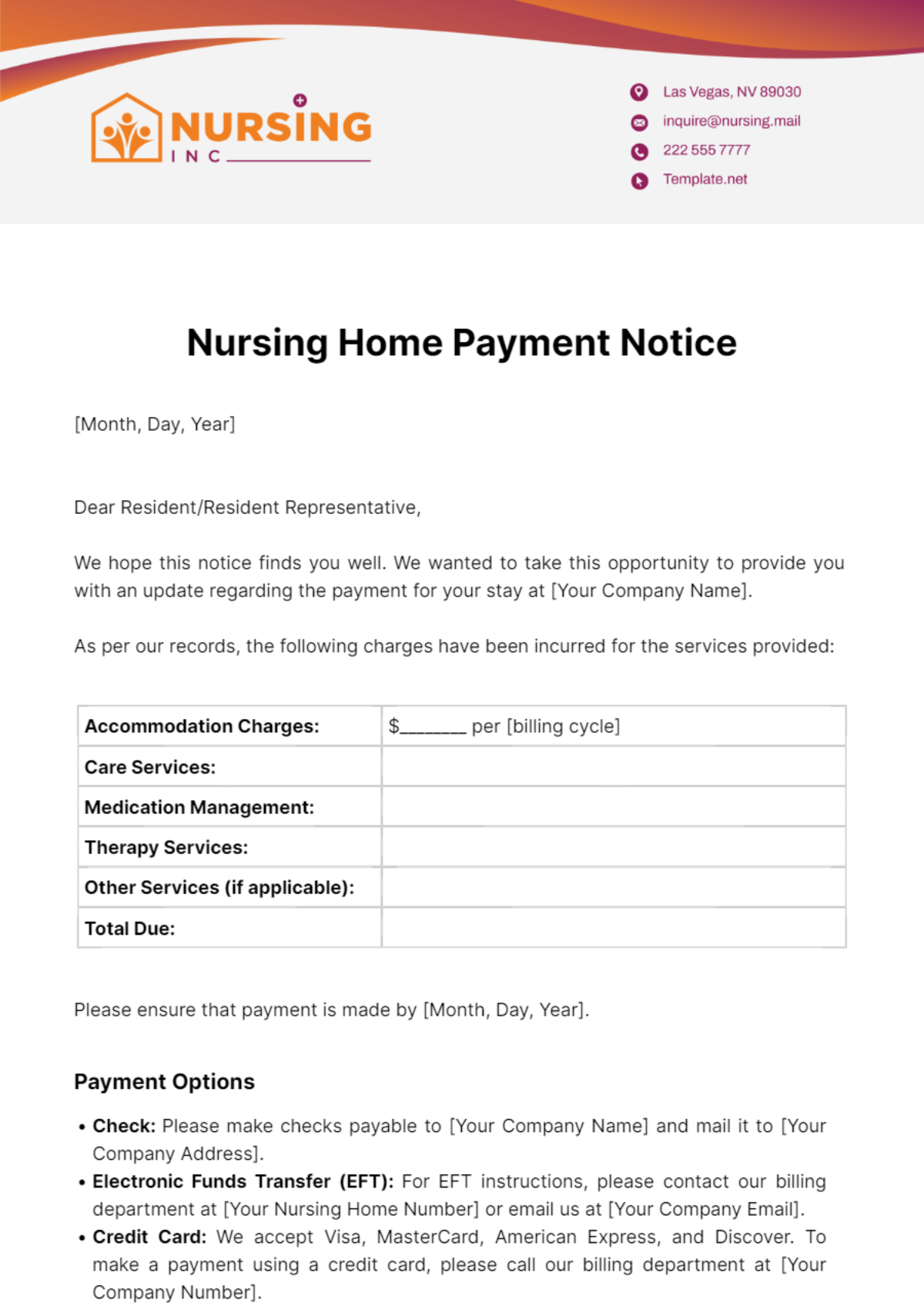 Nursing Home Payment Notice Template
