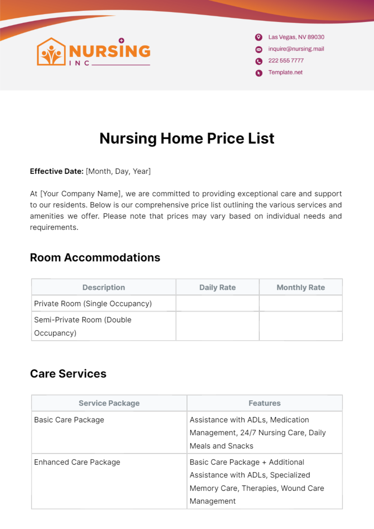 Nursing Home Price List Template