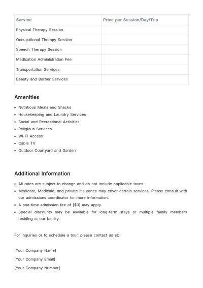 Free Nursing Home Price List Template to Edit Online