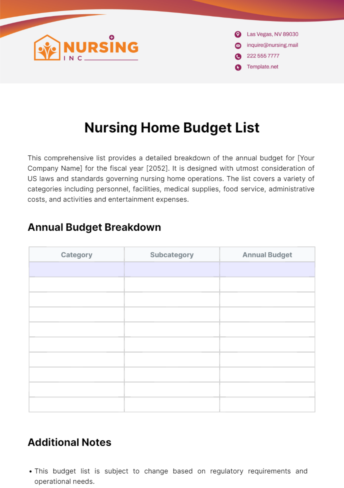 Nursing Home Budget List Template