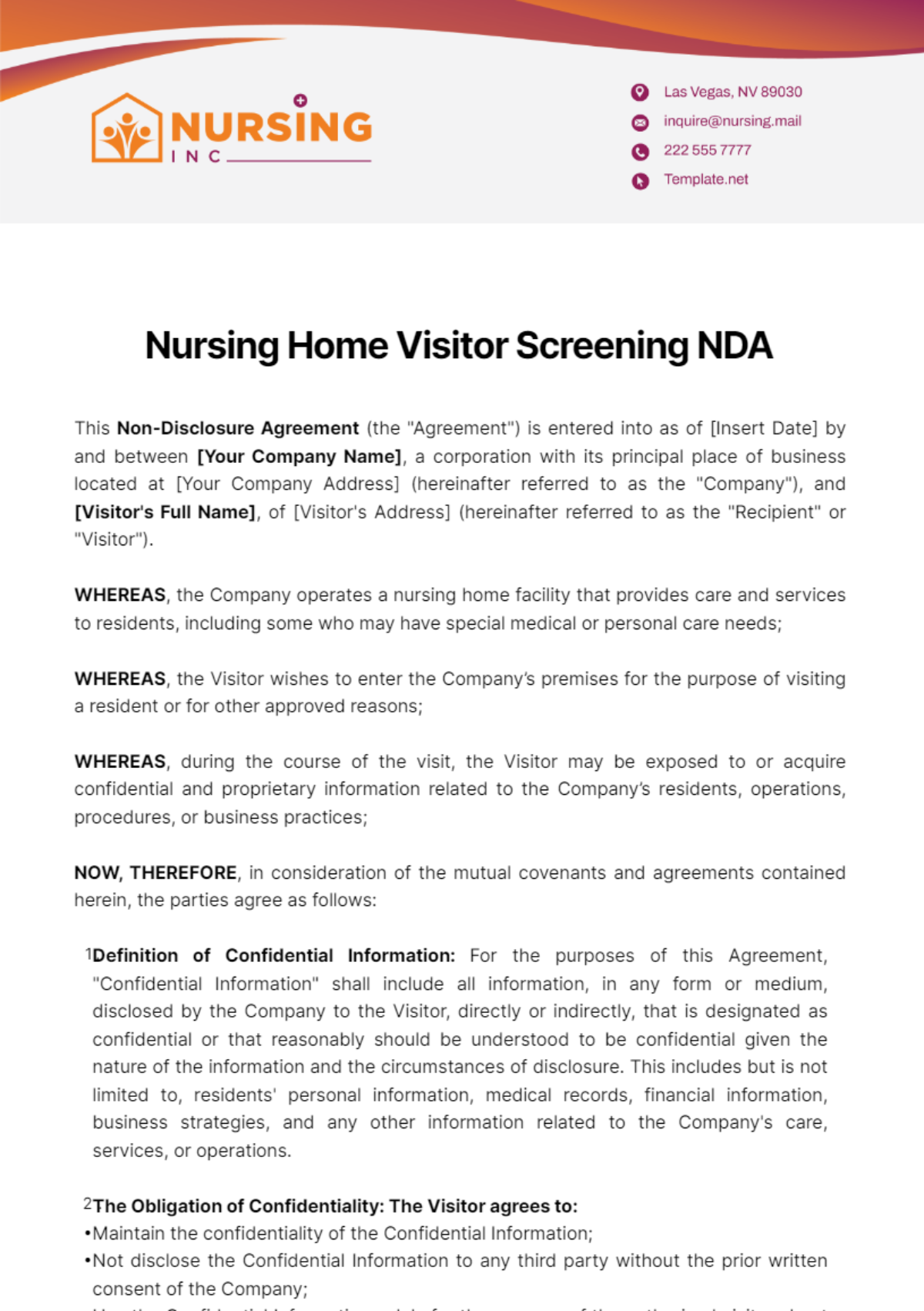 Nursing Home Visitor Screening NDA Template
