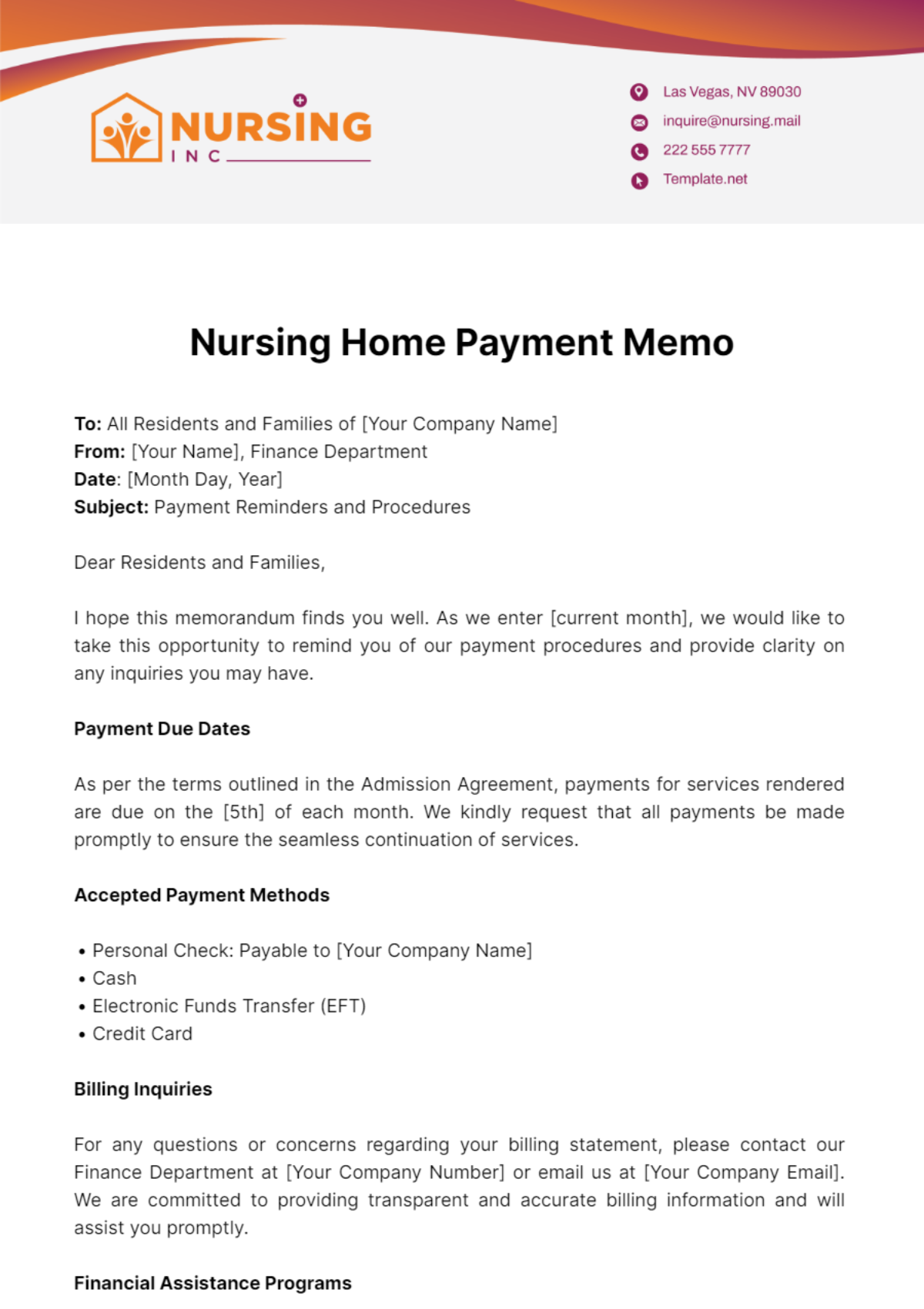 Nursing Home Payment Memo Template
