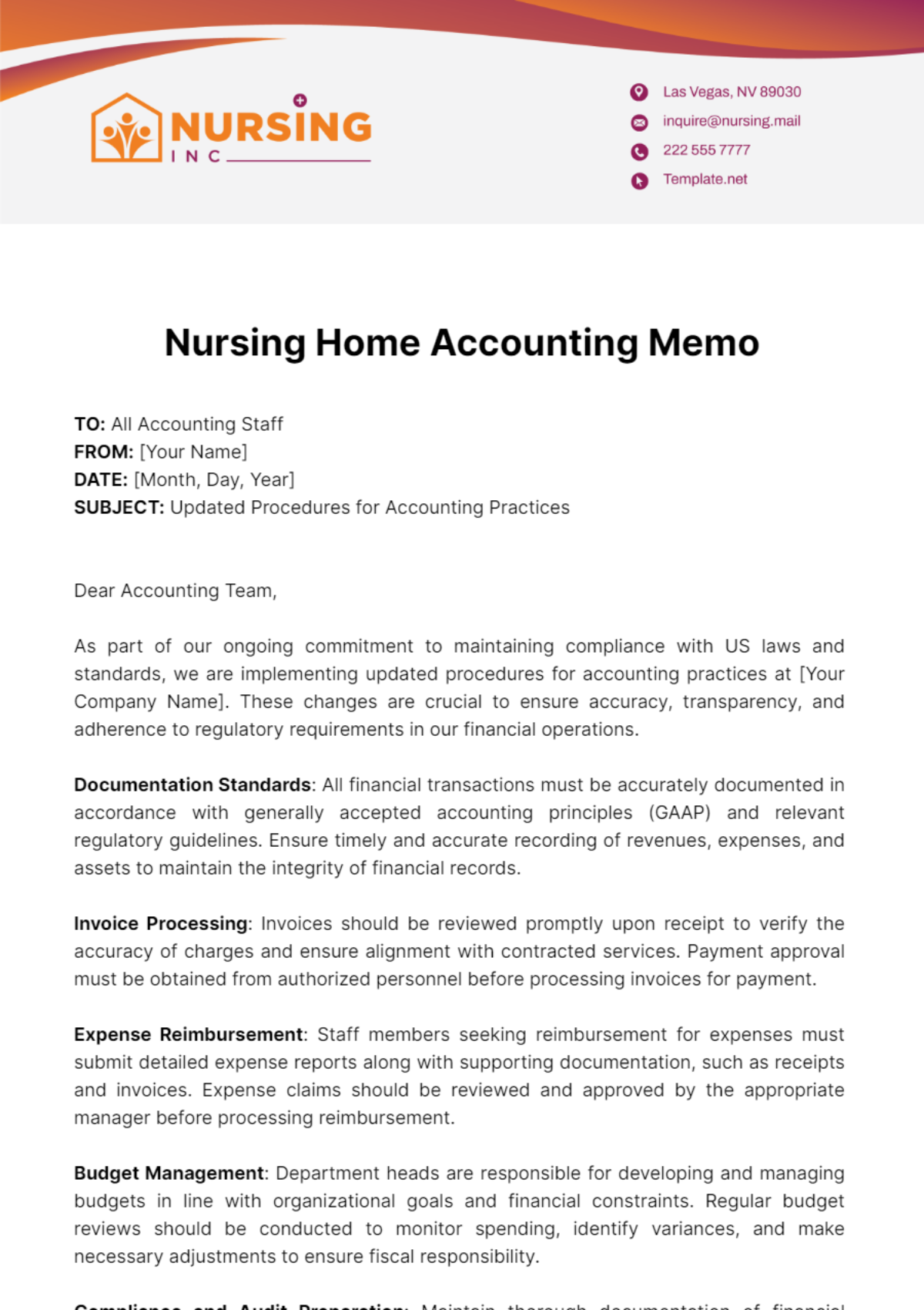 Nursing Home Accounting Memo Template