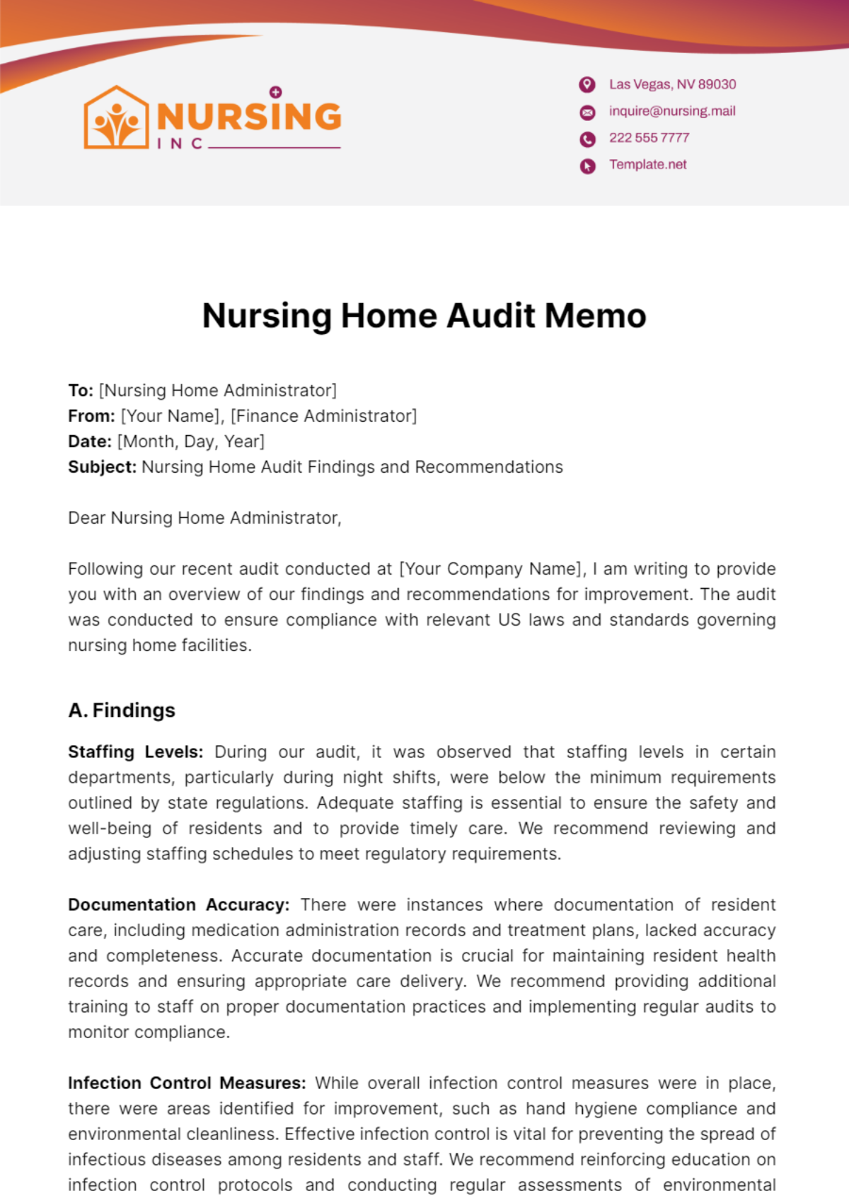 Nursing Home Audit Memo Template
