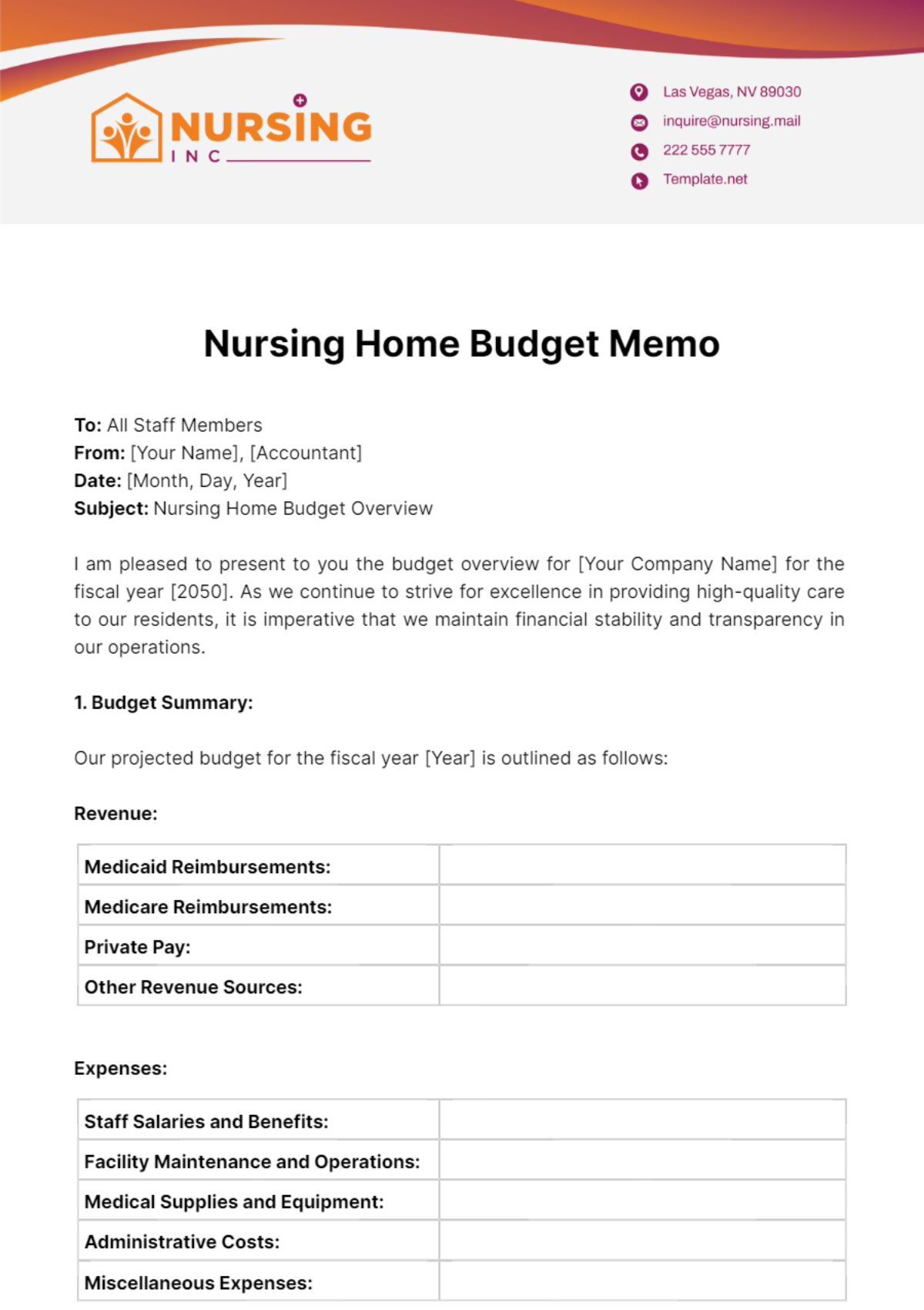 Nursing Home Budget Memo Template