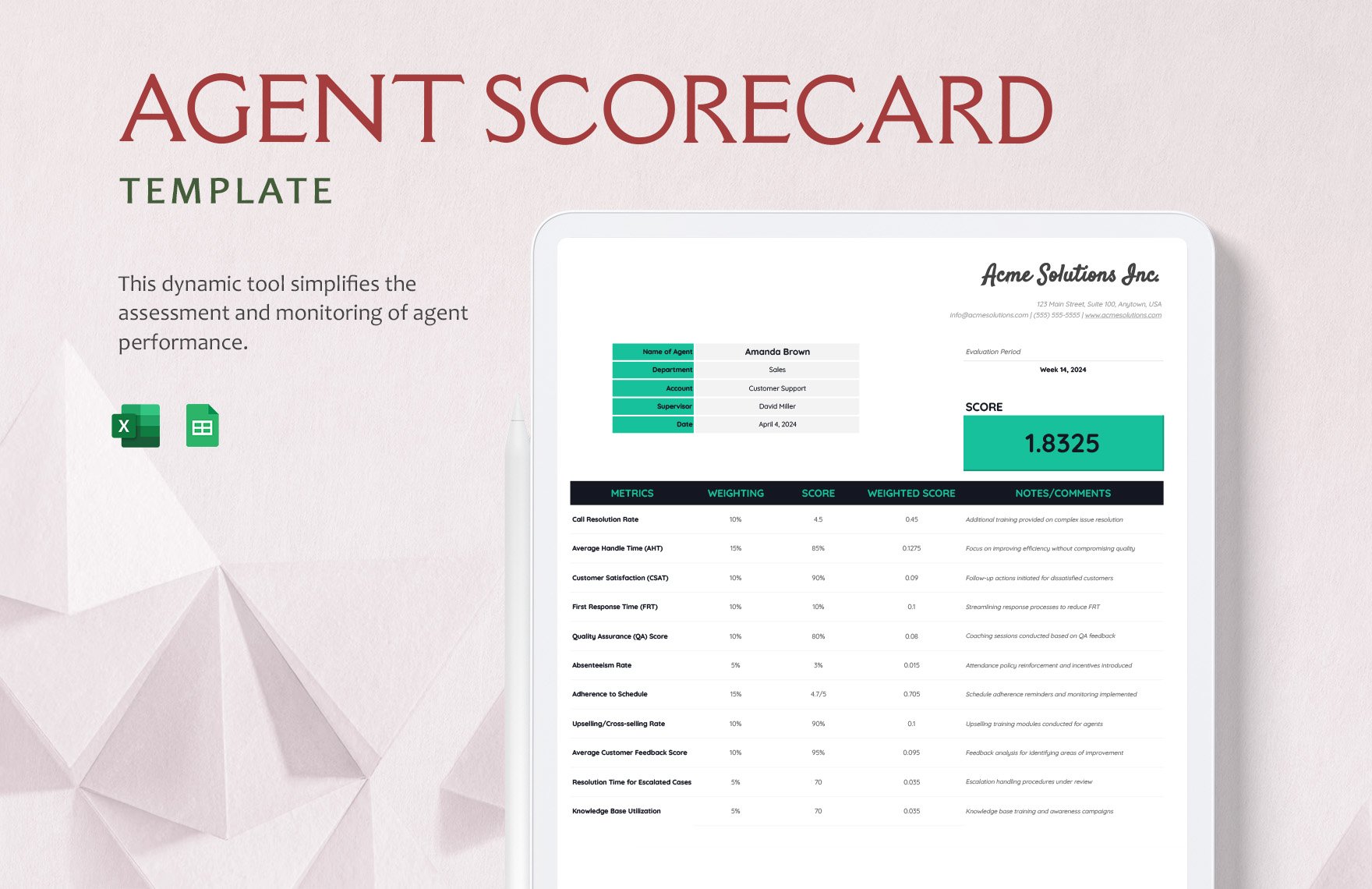 Agent Scorecard Template in Excel, Google Sheets