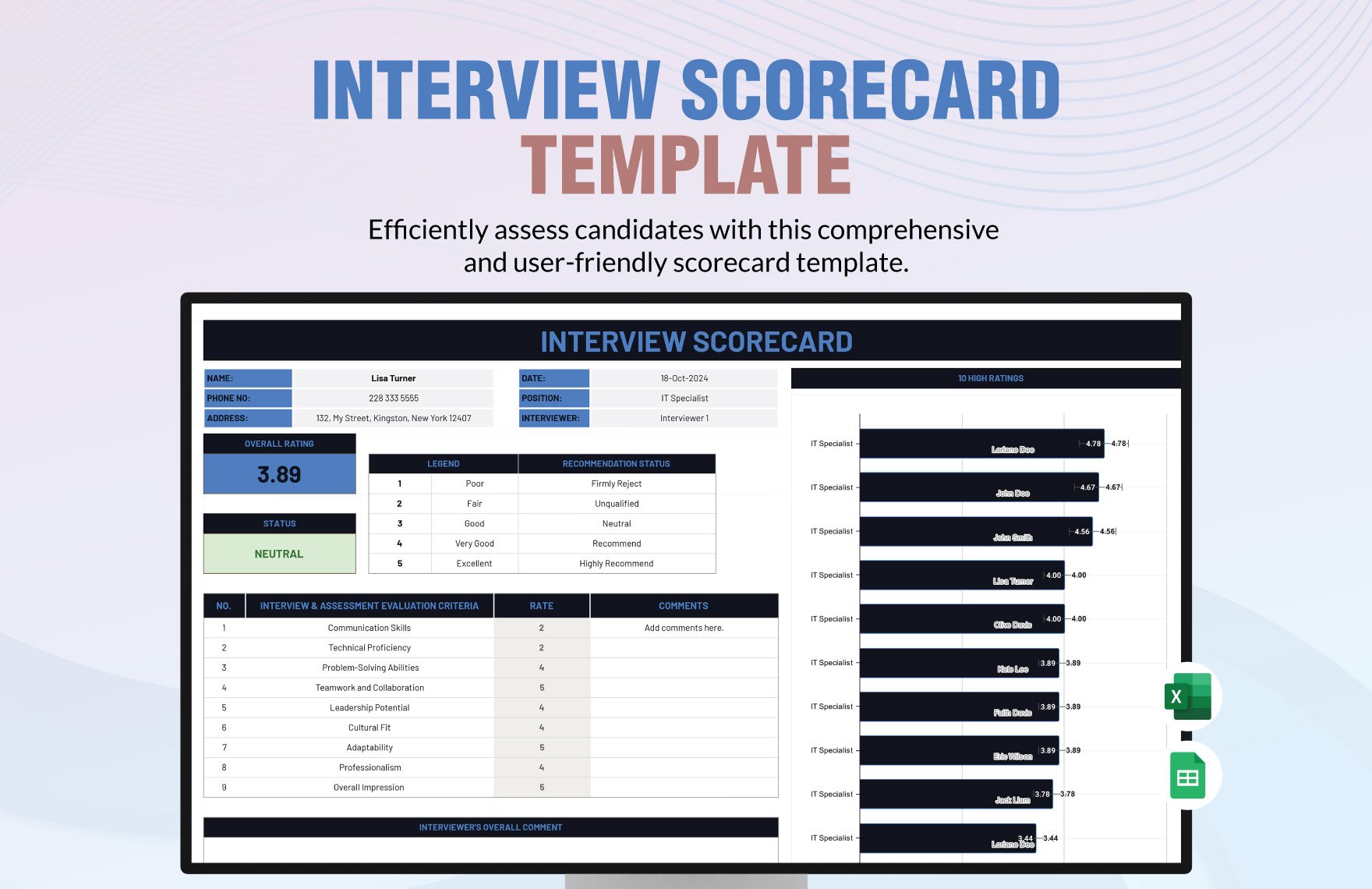 Interview Scorecard Template in Excel, Google Sheets