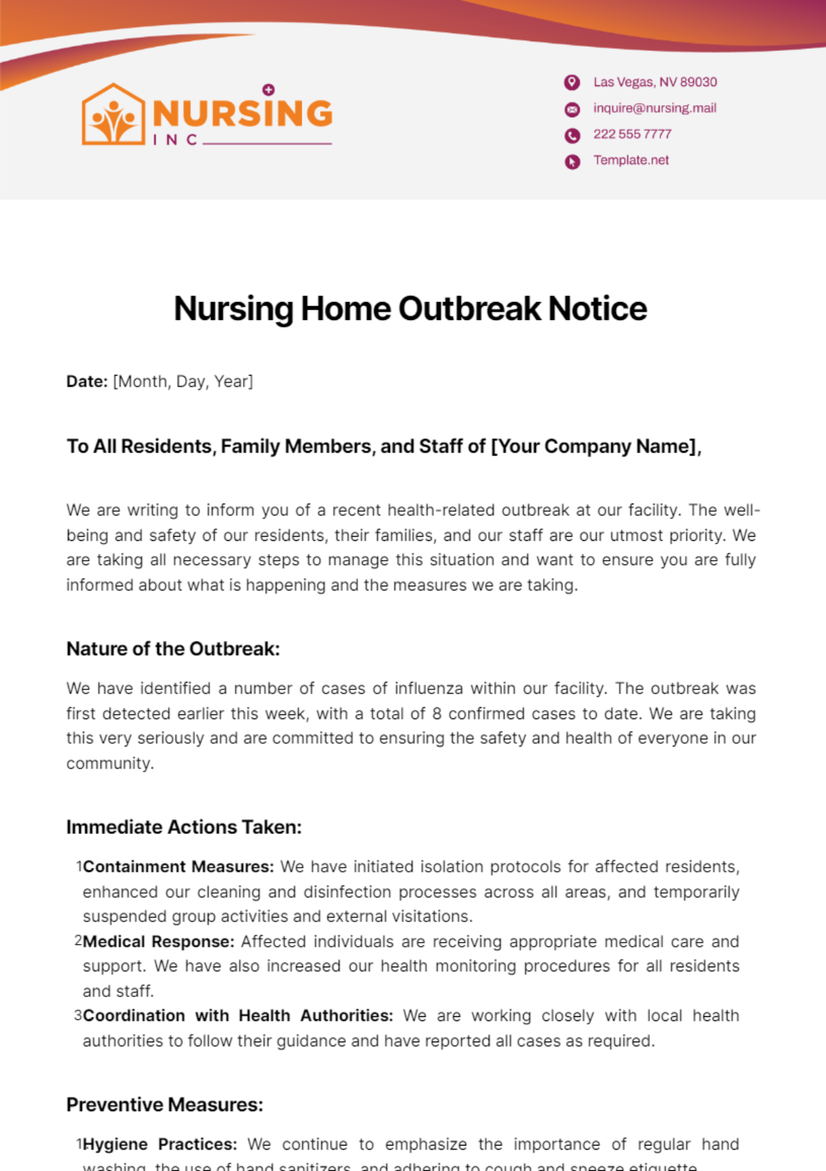 Nursing Home Outbreak Notice Template