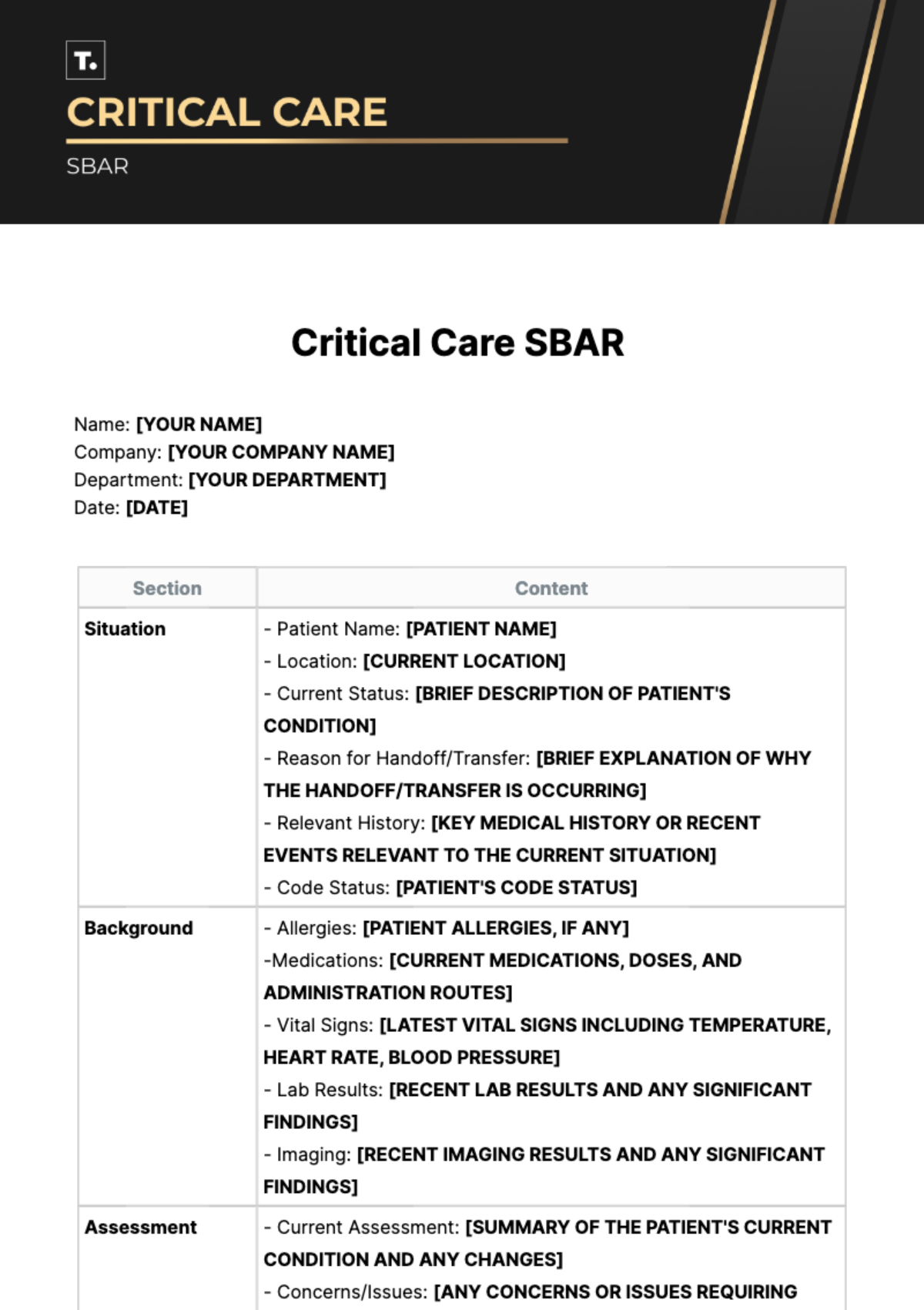Critical Care SBAR Template