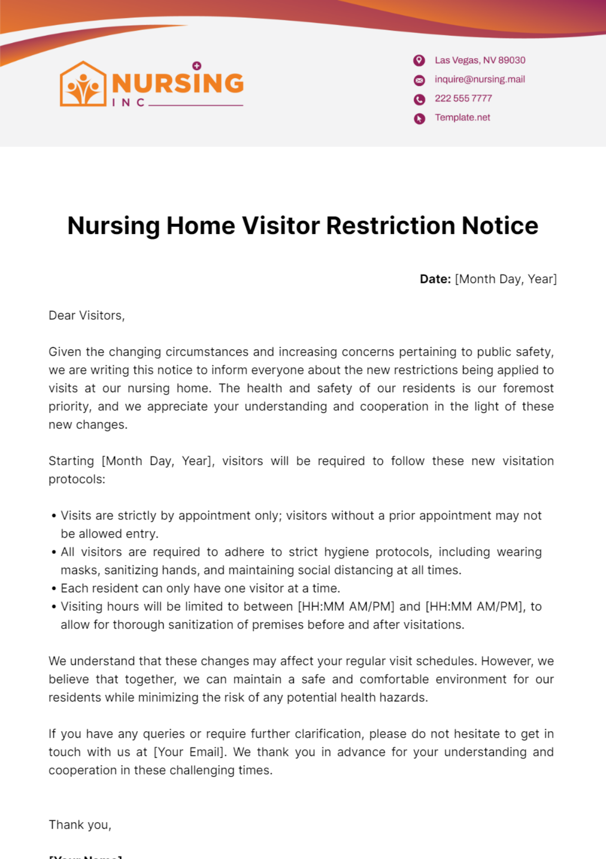 Nursing Home Visitor Restriction Notice Template