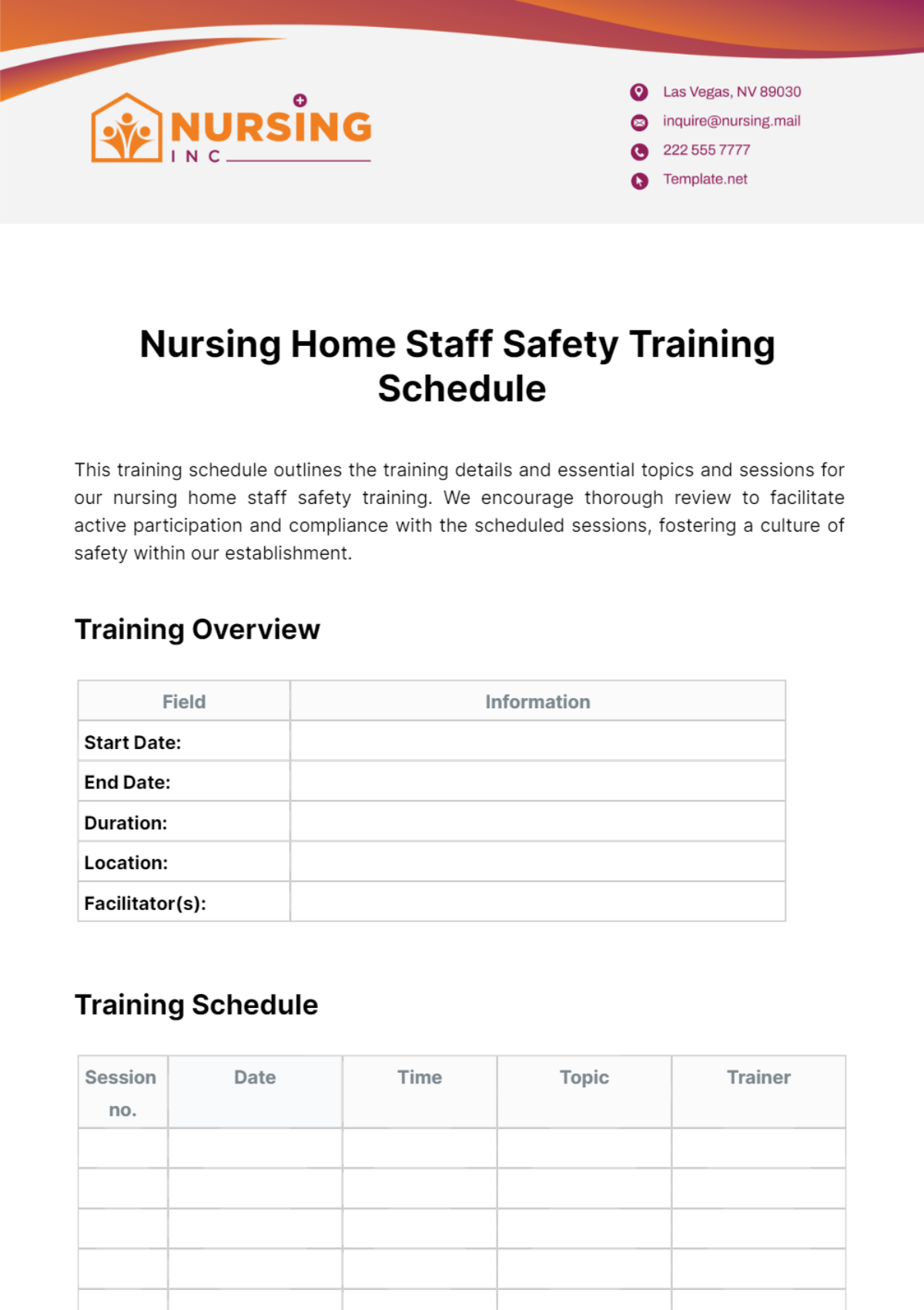 Nursing Home Staff Safety Training Schedule Template