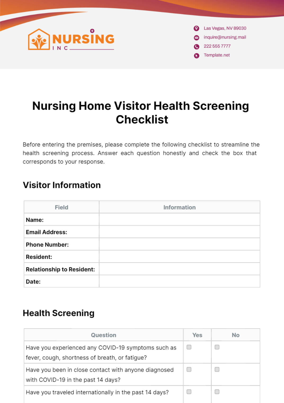 Nursing Home Visitor Health Screening Checklist Template