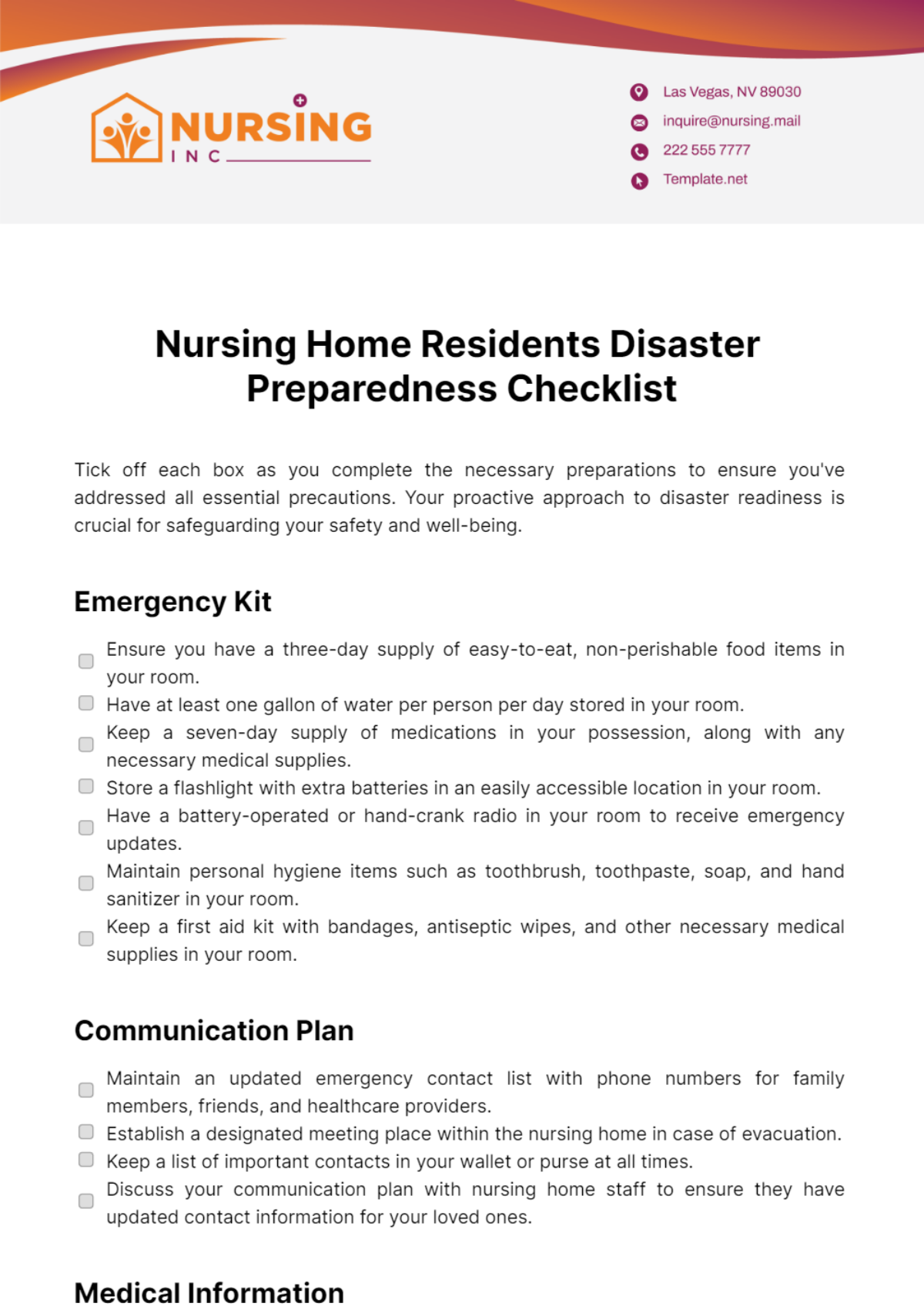 Nursing Home Residents Disaster Preparedness Checklist Template