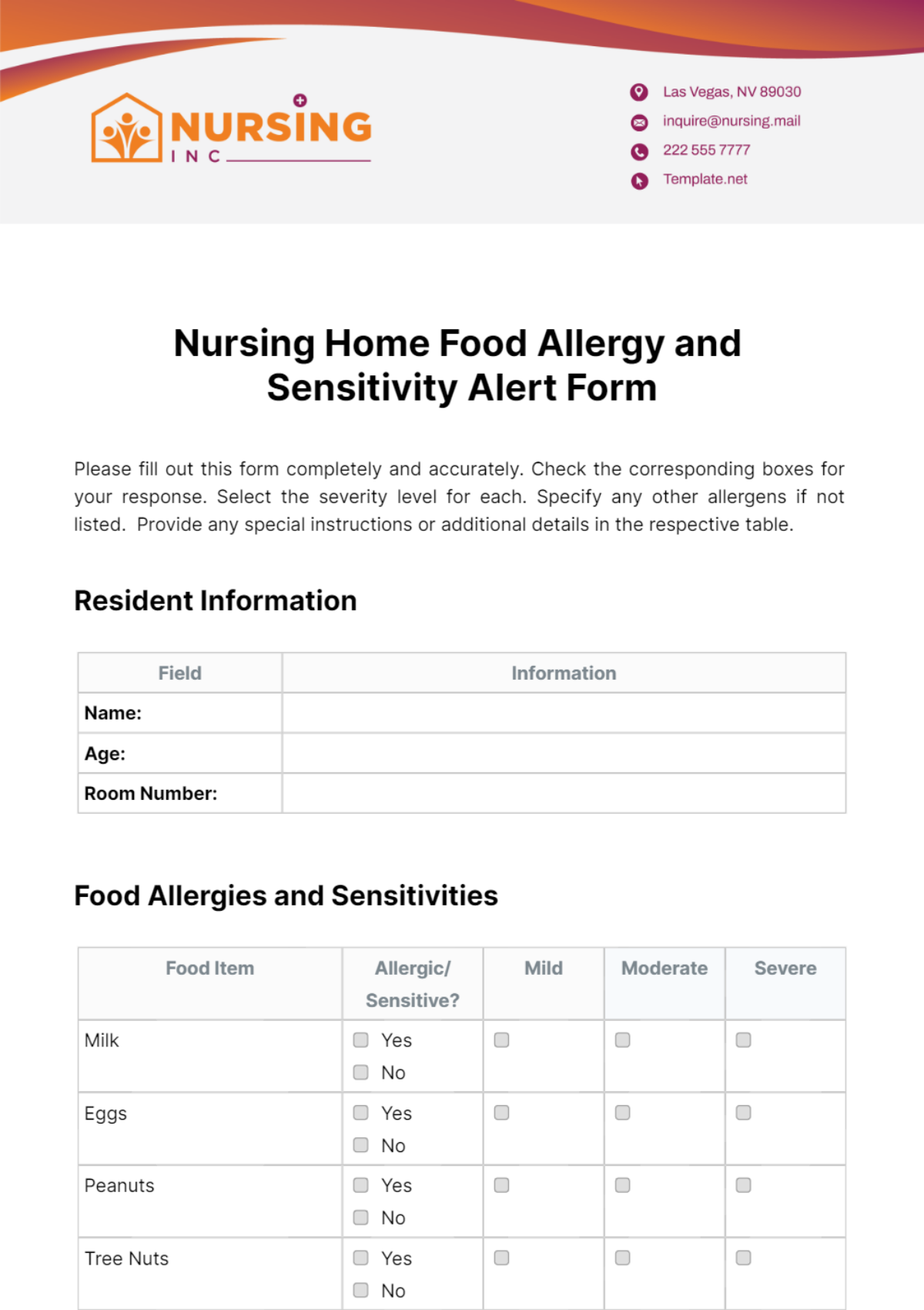 Nursing Home Food Allergy and Sensitivity Alert Form Template