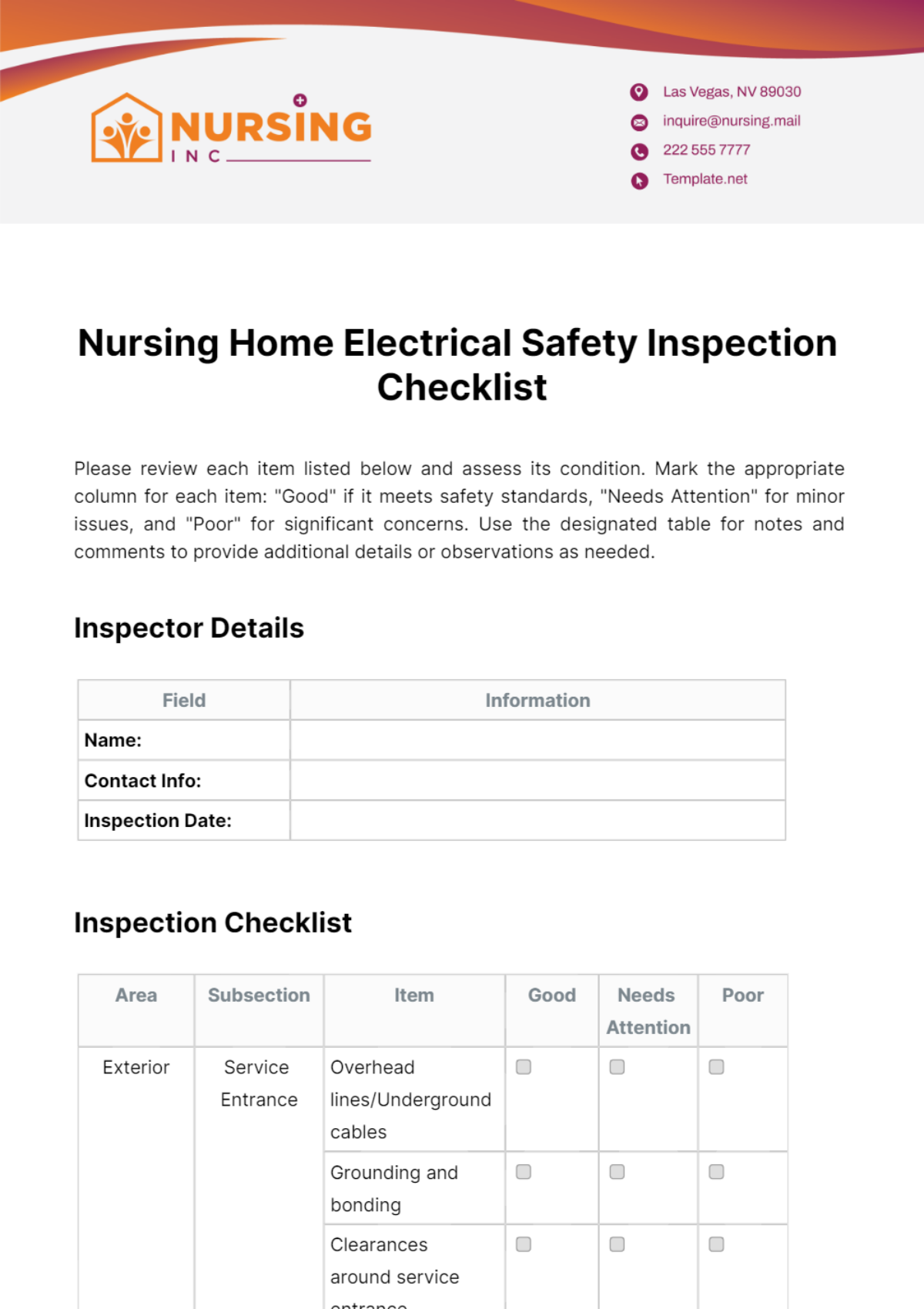 Nursing Home Electrical Safety Inspection Checklist Template