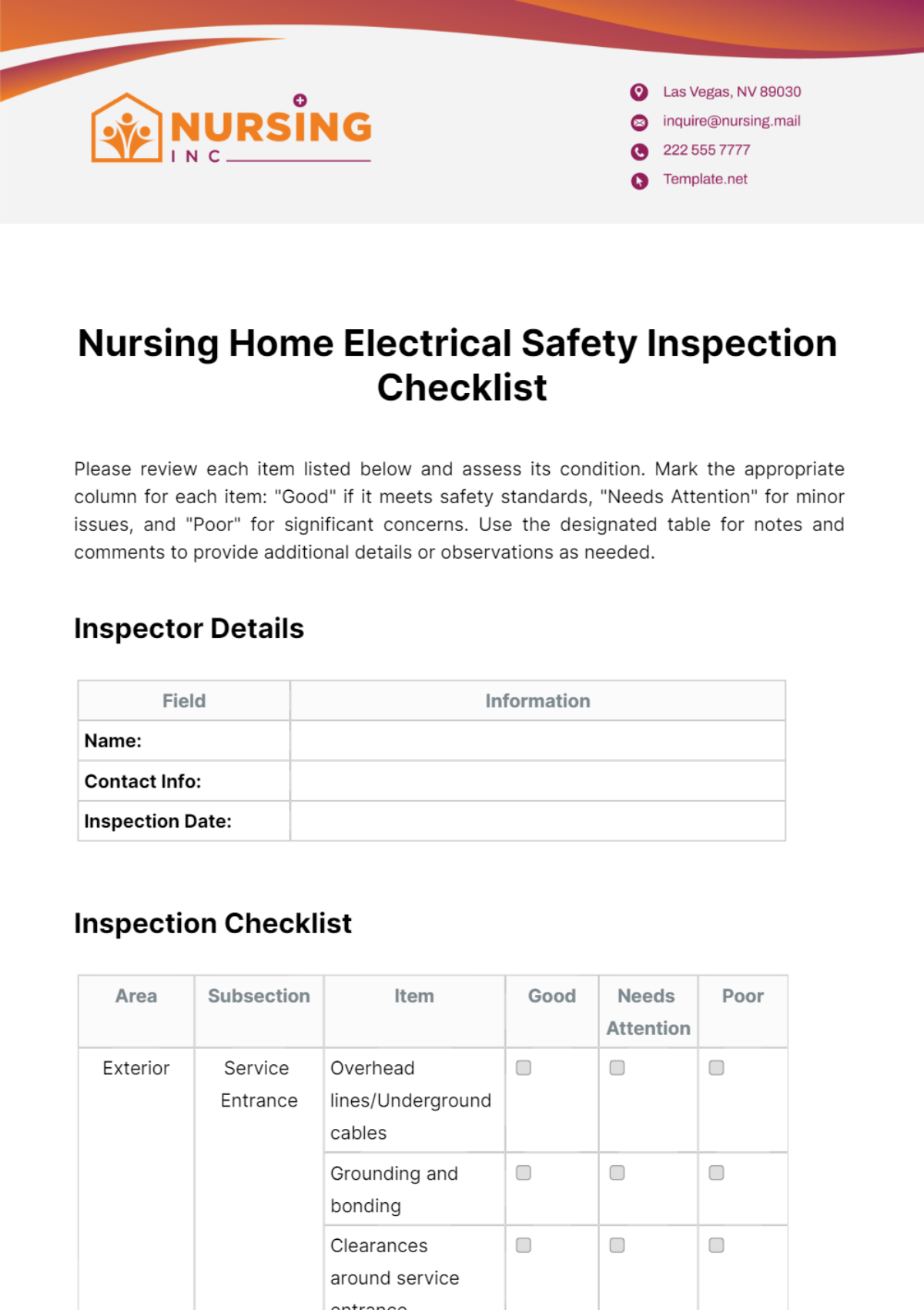 Nursing Home Electrical Safety Inspection Checklist Template - Edit Online & Download