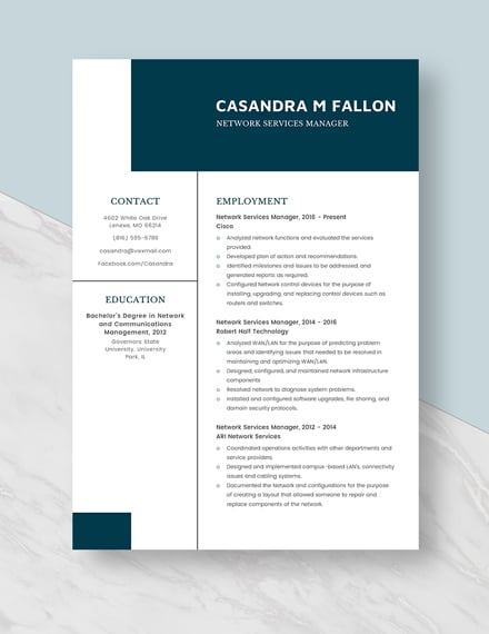 Network Services Manager Resume Template