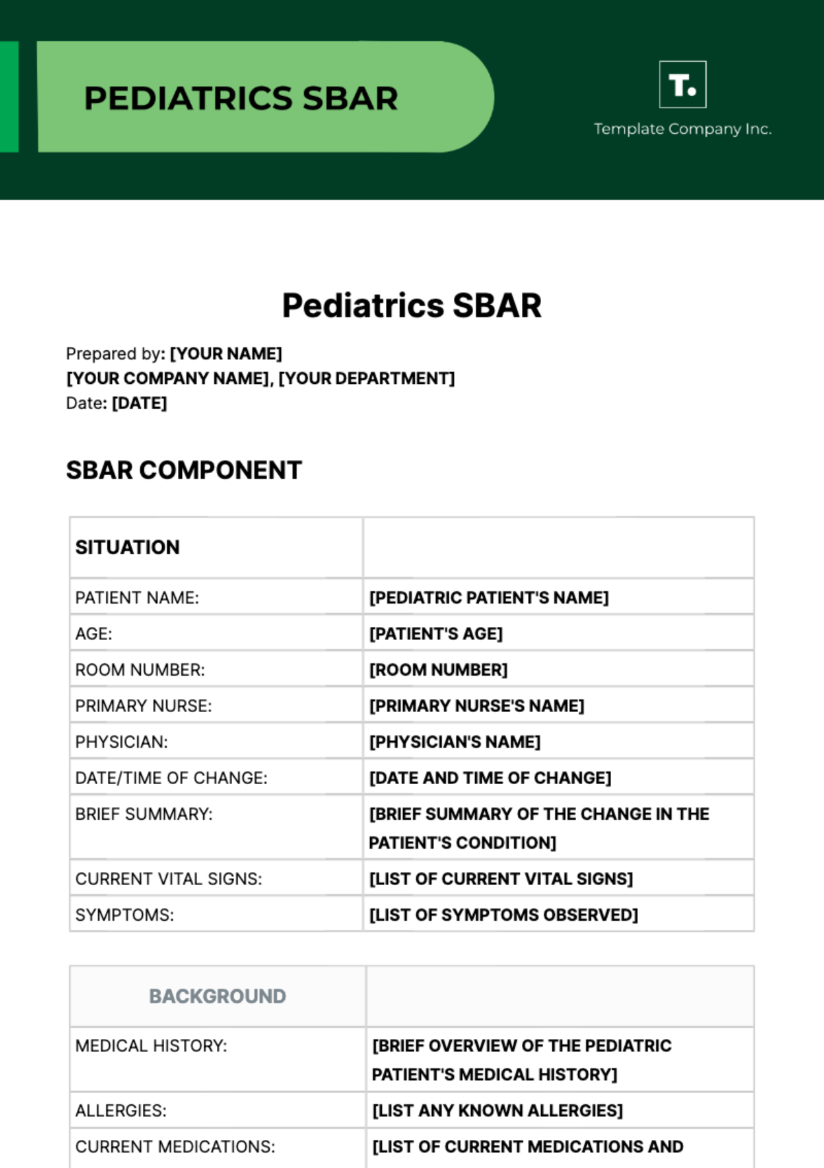 Pediatrics SBAR Template