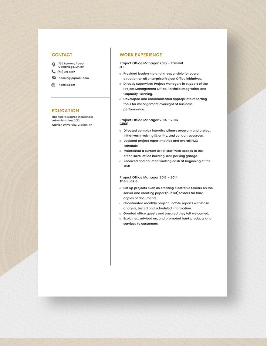 Project Office Manager Resume