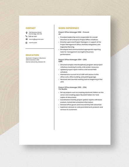 Project Office Manager Resume Template