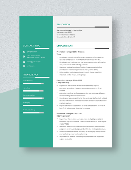 Free Promotion Manager Resume Template - Word, Apple Pages | Template.net