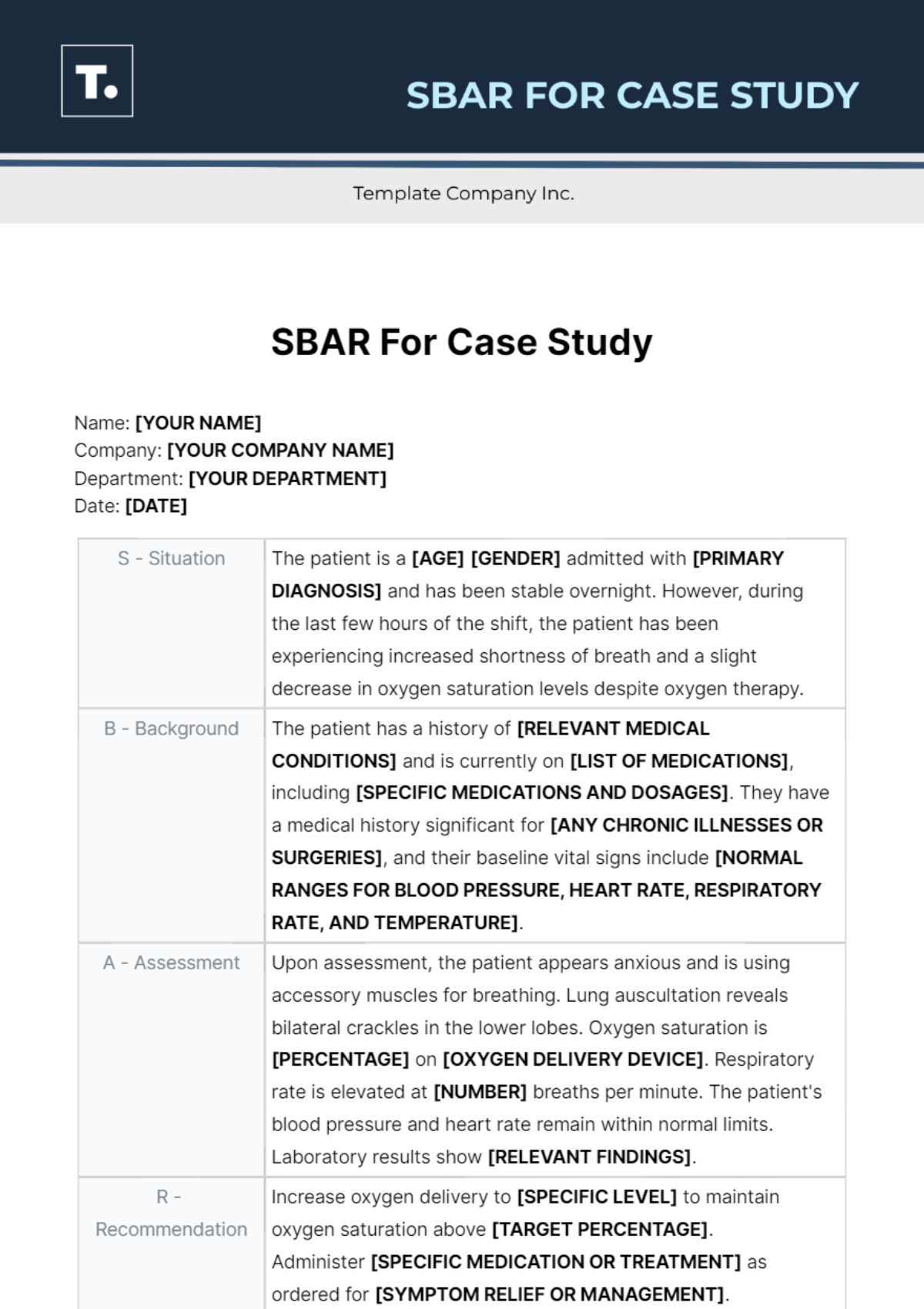 Free SBAR For Case Study Template