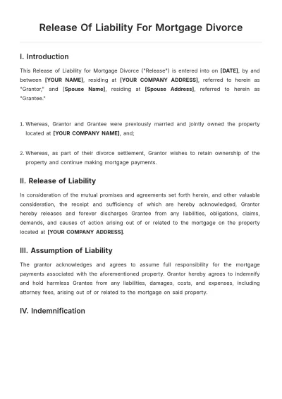 Free Release Of Liability For Mortgage Divorce Template to Edit Online