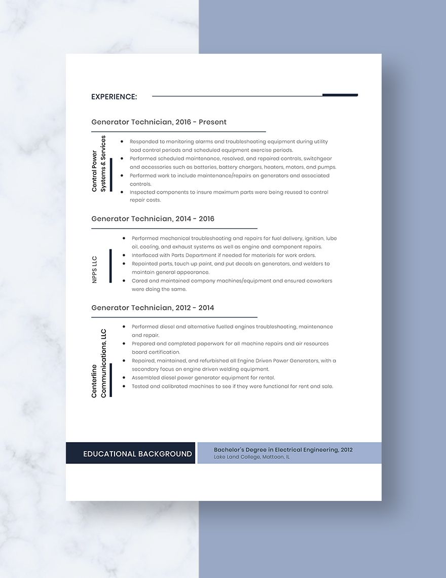 Generator Technician Resume in Word Pages Download Template net