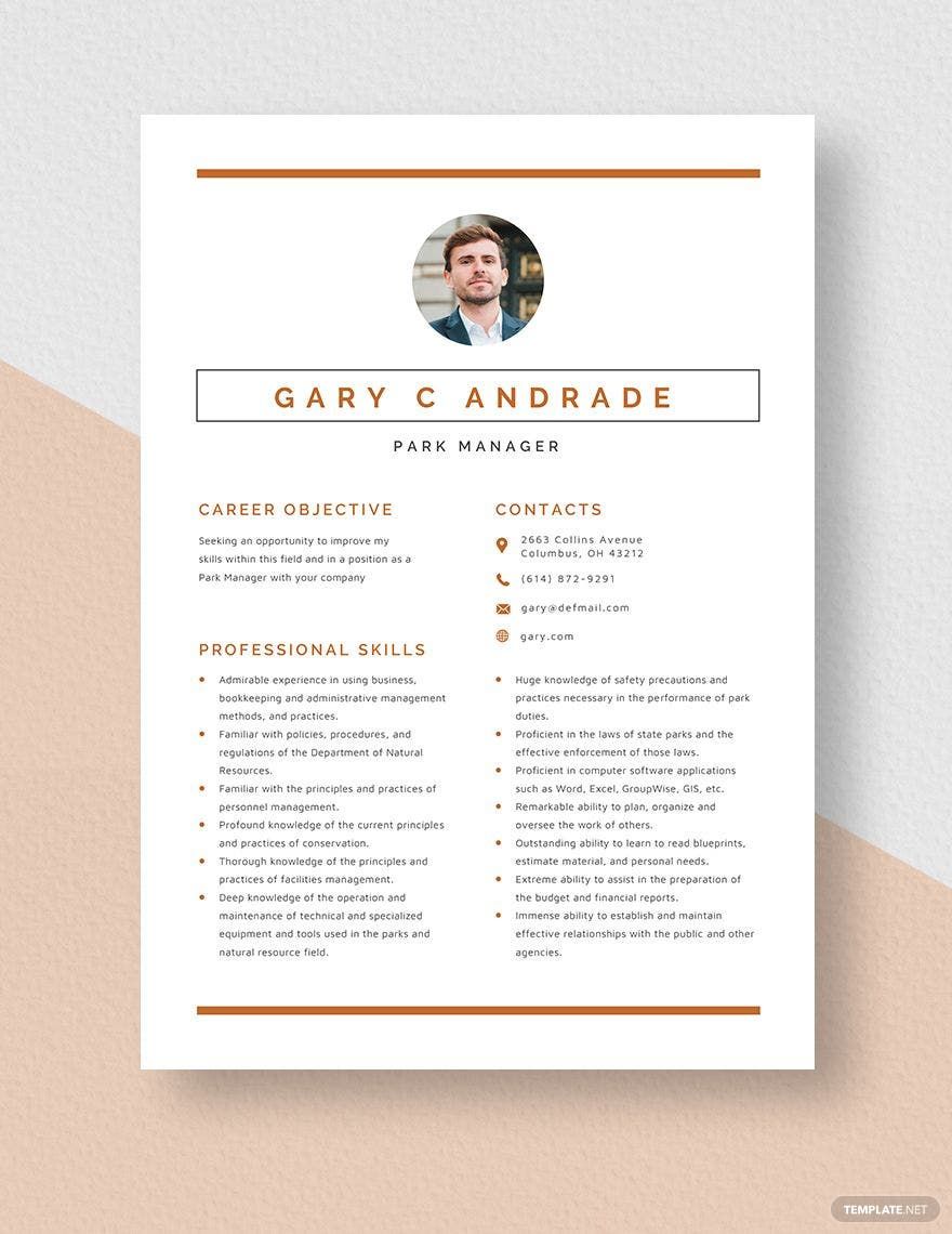 Park Manager Resume in Word, Apple Pages